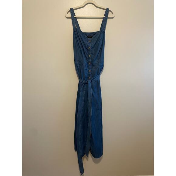 Lane  Bryant Size 18 Denim Style Jumper Sleeveless Button Front Belted - Picture 1 of 7